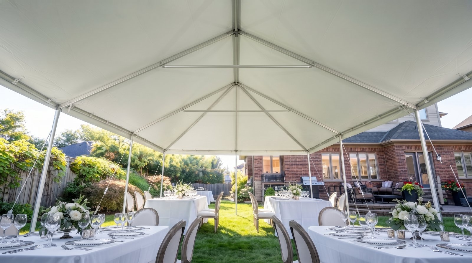 JEMS event tent interior setup with tables and chairs for outdoor party in New Jersey